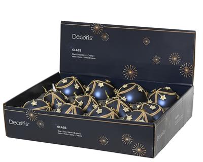 PALLINA DI NATALE IN VETRO BLU CON DECORAZIONI STELLE ORO 8 CM