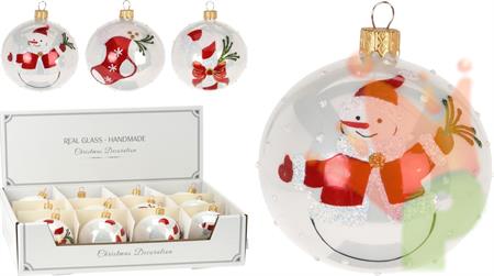 PALLINA DI NATALE IN VETRO BIANCA CON DECORO 8 CM ASSORTITA