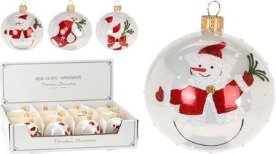 PALLINA DI NATALE IN VETRO BIANCA CON DECORO 8 CM ASSORTITA