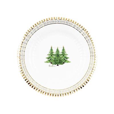 PIATTI NATALIZI DECORO ALBERI DI NATALE BORDO ORO 21CM 8PZ