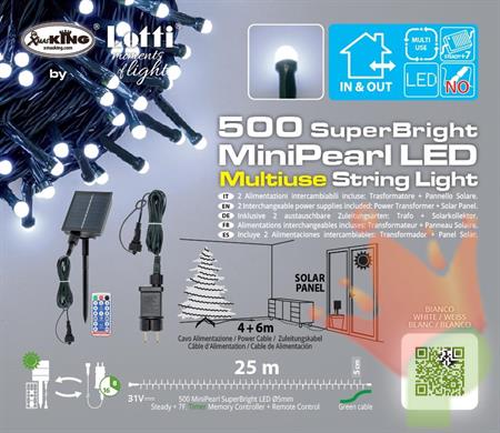 LUCI DI NATALE MINI PERLE 500 LED BIANCO FREDDO+PANNELLO SOLARE
