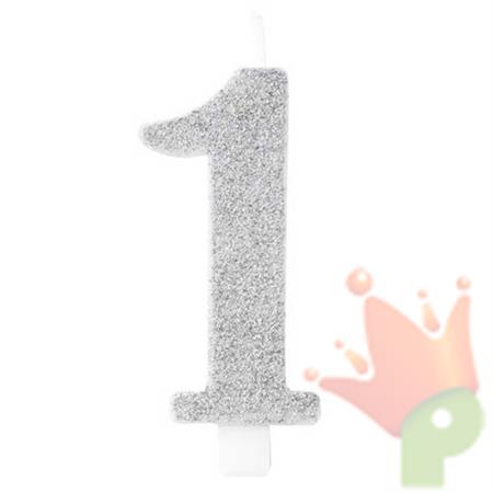 CANDELINA NUMERO 1 BIO ARGENTO GLITTER 9,5 CM