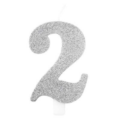 CANDELINA NUMERO 2 BIO ARGENTO GLITTER 9,5 CM