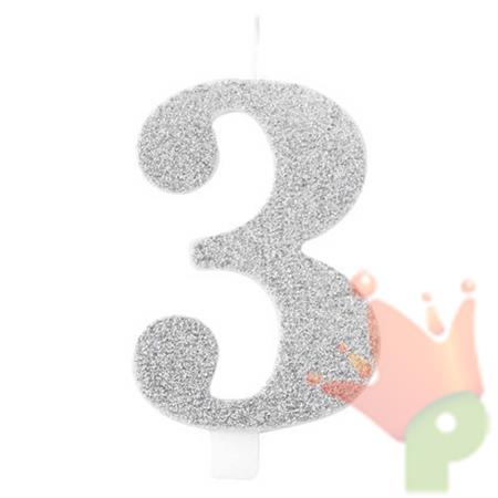 CANDELINA NUMERO 3 BIO ARGENTO GLITTER 9,5 CM