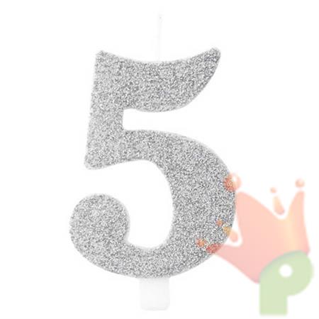 CANDELINA NUMERO 5 BIO ARGENTO GLITTER 9,5 CM