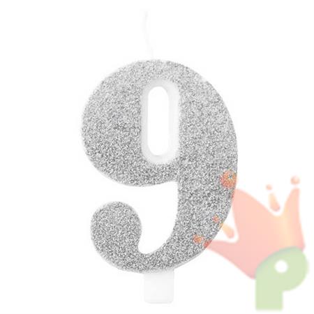 CANDELINA NUMERO 9 BIO ARGENTO GLITTER 9,5 CM