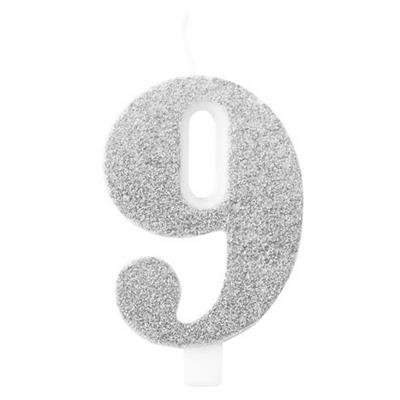 CANDELINA NUMERO 9 BIO ARGENTO GLITTER 9,5 CM