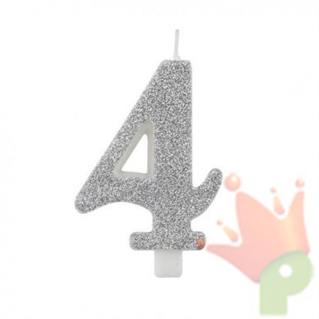 CANDELINA NUMERO 4 BIO ARGENTO GLITTER 9,5 CM