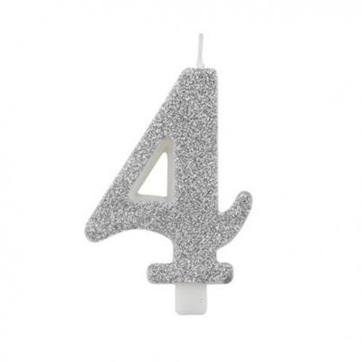 CANDELINA NUMERO 4 BIO ARGENTO GLITTER 9,5 CM