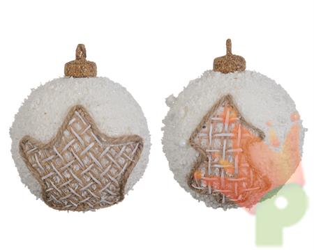PALLINE BIANCHE INNEVATE CON LACCIO NATURALE E DECORO dia8cm