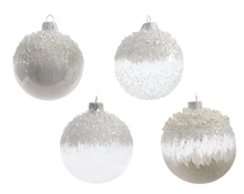 PALLINA NATALIZIA IN VETRO CON DECORO BIANCO 8CM