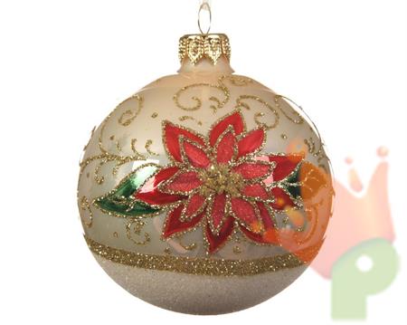 PALLINA NATALIZIA AVORIO 8CM DECORATA CON STELLA DI NATALE ROSSA