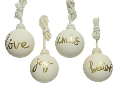 PALLINA DI NATALE BIANCA CON SCRITTA ASSORTITA ORO