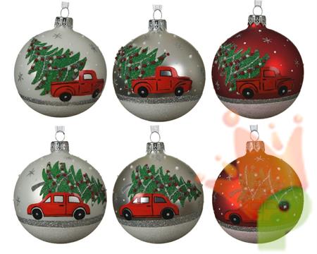 PALLINA PER ALBERO 8CM BIANCO/ARGENTO/ROSSO CON DECORO