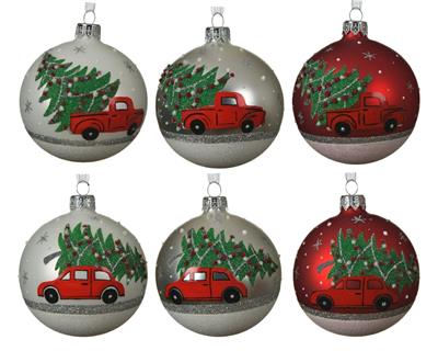 PALLINA PER ALBERO 8CM BIANCO/ARGENTO/ROSSO CON DECORO