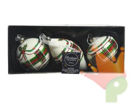 PALLINE 8 CM IN VETRO BIANCO CON DECORO SCOZZESE 3ASS