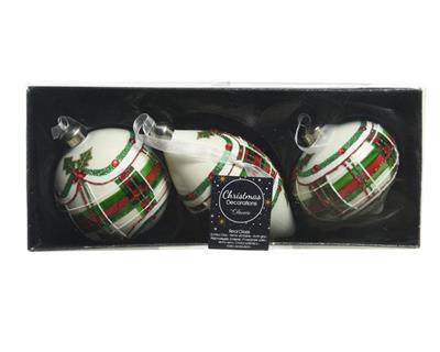 PALLINE 8 CM IN VETRO BIANCO CON DECORO SCOZZESE 3ASS