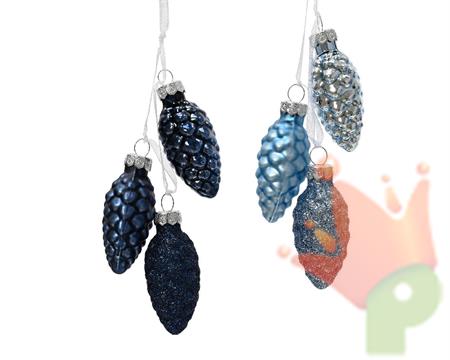 PENDENTI PIGNE IN VETRO BLU ICE 6X2,5 CM 3 PZ