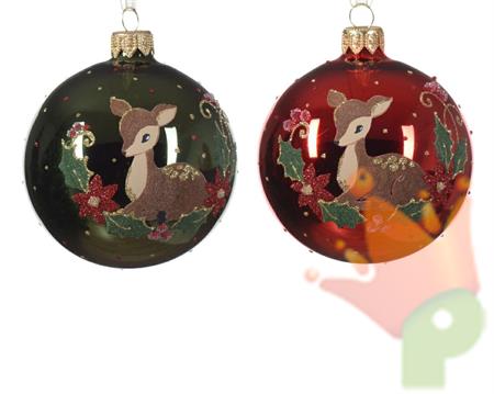 PALLINA DI NATALE ROSSA/VERDE DECORO RENNA 8 CM 1 PZ ASS.