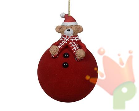PALLINA DI NATALE FLOCCATA ROSSA CON ORSACCHIOTTO 8 CM