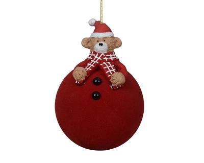PALLINA DI NATALE FLOCCATA ROSSA CON ORSACCHIOTTO 8 CM