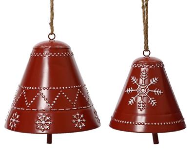 CAMPANE ROSSE CON FIOCCHI DI NEVE IN FERRO SET 2 PZ
