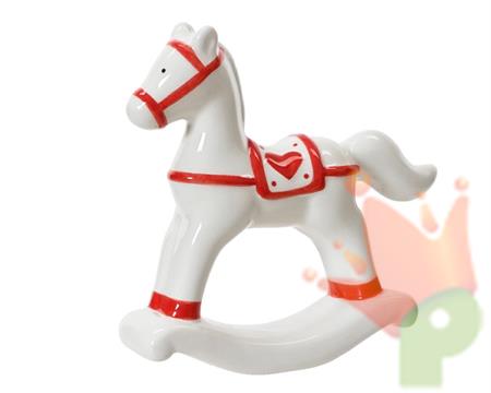 CAVALLO A DONDOLO IN PORCELLANA BIANCO/ROSSO H.13,7X4 CM