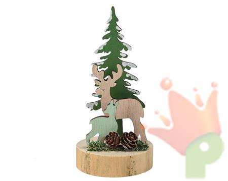 DECORAZIONE IN LEGNO RENNA CON ALBERO H. 16,5 CM