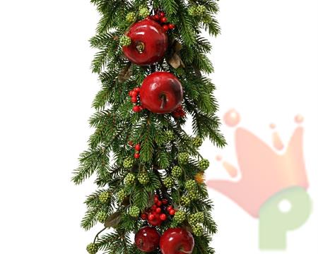 GHIRLANDA DI PINO CON BACCHE E MELE ROSSE 180 CM
