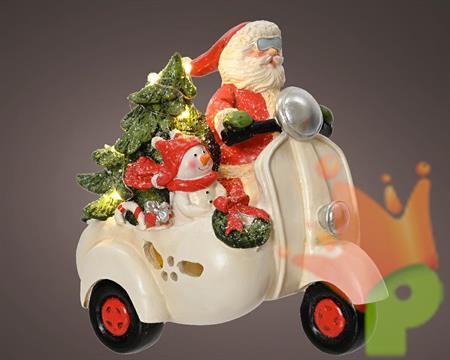 BABBO NATALE CON VESPA IN POLIRESINA LED BIANCO CALDO H.17,5X18X