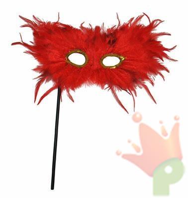 MASCHERA CON ASTA PIUME ROSSE