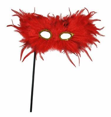 MASCHERA CON ASTA PIUME ROSSE