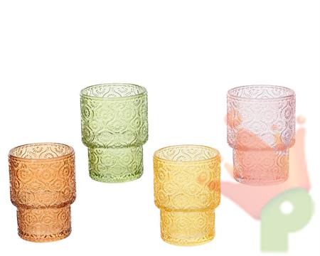 PORTACANDELA TRASPARENTE DECORATO MONOCOLOREH.9,2X7 CM 1 PZ ASS.