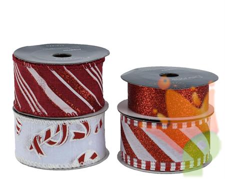 NASTRO NATALIZIO IN POLIESTERE ROSSO BIANCO GLITTER ASSORTITO