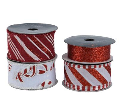 NASTRO NATALIZIO IN POLIESTERE ROSSO BIANCO GLITTER ASSORTITO
