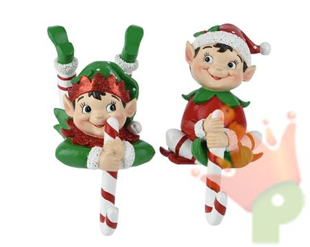 GANCIO PER CALZE NATALIZIE ELFO CON CANDY CANE POLIRESINA H.13X1