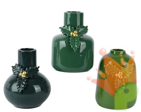 VASO IN PORCELLANA VERDE CON AGRIFOGLIO E BACCHE H.16 CM 1 PZ AS