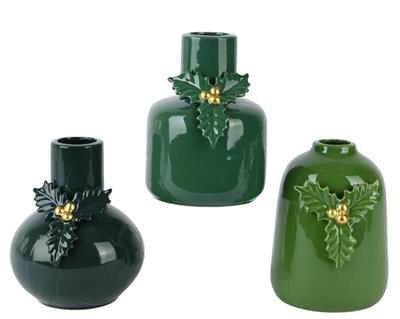 VASO IN PORCELLANA VERDE CON AGRIFOGLIO E BACCHE H.16 CM 1 PZ AS