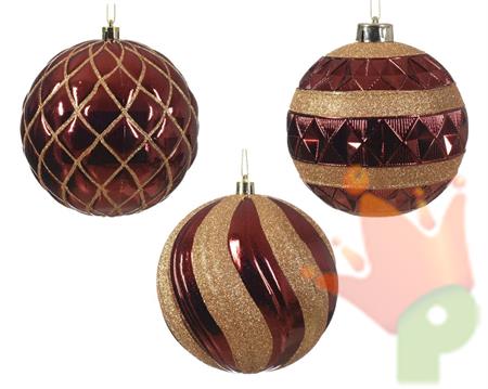 PALLINA DI NATALE BORDEAUX GLITTER ORO ASSORTITA 12 CM