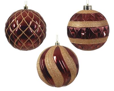 PALLINA DI NATALE BORDEAUX GLITTER ORO ASSORTITA 12 CM