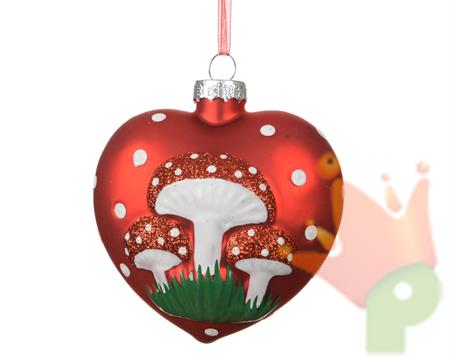 PENDENTE IN VETRO CUORE CON FUNGHI ROSSO 9CM