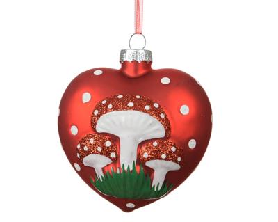 PENDENTE IN VETRO CUORE CON FUNGHI ROSSO 9CM