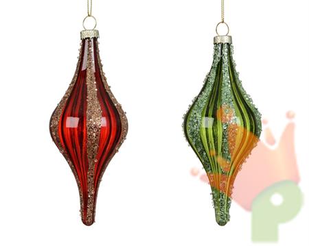 PENDENTE IN VETRO TRASPARENTE CON STRISCE GLITTERATE 14CM 2ASS