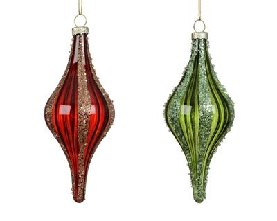 PENDENTE IN VETRO TRASPARENTE CON STRISCE GLITTERATE 14CM 2ASS