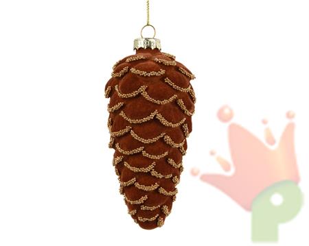PENDENTE IN VETRO PIGNA CON PERLINE ROSSO VELLUTATO 6X12,5CM