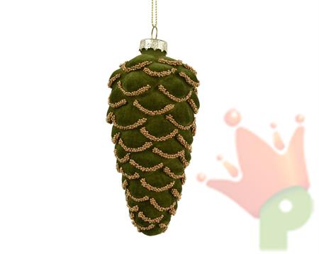 PENDENTE IN VETRO PIGNA CON PERLINE VERDE VELLUTATO 6X12,5CM