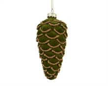 PENDENTE IN VETRO PIGNA CON PERLINE VERDE VELLUTATO 6X12,5CM