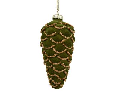 PENDENTE IN VETRO PIGNA CON PERLINE VERDE VELLUTATO 6X12,5CM