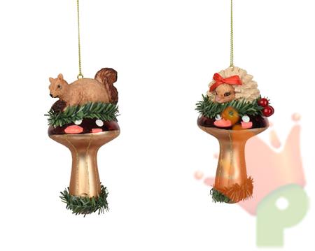 PENDENTE IN VETRO FUNGO CON ANIMALE 11,2CM 2ASS