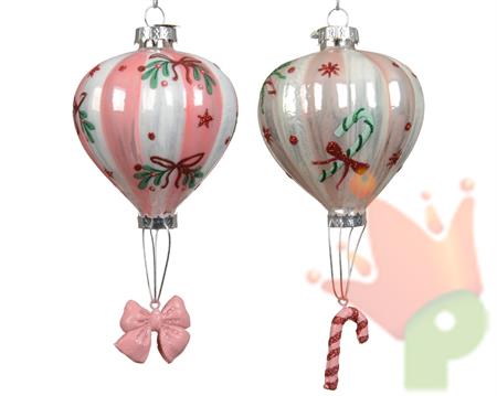 PENDENTE IN VETRO MONGOLFIERA CON FIOCCO/CANDY CANE ROSA 16CM 2A